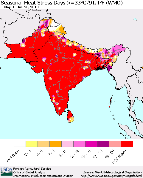Southern Asia Seasonal Heat Stress Days >=35°C/95°F (WMO) Thematic Map For 5/1/2019 - 6/20/2019