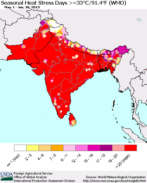 Southern Asia Seasonal Heat Stress Days >=35°C/95°F (WMO) Thematic Map For 5/1/2019 - 6/30/2019