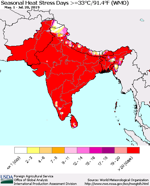 Southern Asia Seasonal Heat Stress Days >=35°C/95°F (WMO) Thematic Map For 5/1/2019 - 7/20/2019