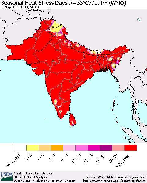 Southern Asia Seasonal Heat Stress Days >=35°C/95°F (WMO) Thematic Map For 5/1/2019 - 7/31/2019