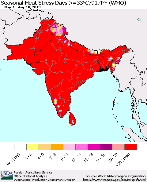 Southern Asia Seasonal Heat Stress Days >=35°C/95°F (WMO) Thematic Map For 5/1/2019 - 8/10/2019