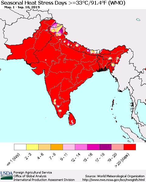 Southern Asia Seasonal Heat Stress Days >=35°C/95°F (WMO) Thematic Map For 5/1/2019 - 9/10/2019