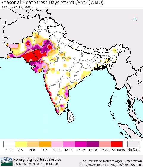 Southern Asia Seasonal Heat Stress Days >=35°C/95°F (WMO) Thematic Map For 10/1/2019 - 1/10/2020