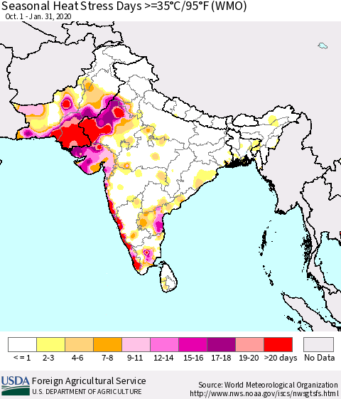 Southern Asia Seasonal Heat Stress Days >=35°C/95°F (WMO) Thematic Map For 10/1/2019 - 1/31/2020