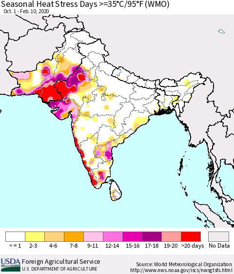 Southern Asia Seasonal Heat Stress Days >=35°C/95°F (WMO) Thematic Map For 10/1/2019 - 2/10/2020