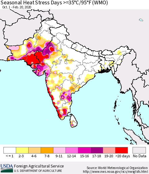 Southern Asia Seasonal Heat Stress Days >=35°C/95°F (WMO) Thematic Map For 10/1/2019 - 2/20/2020