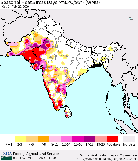 Southern Asia Seasonal Heat Stress Days >=35°C/95°F (WMO) Thematic Map For 10/1/2019 - 2/29/2020