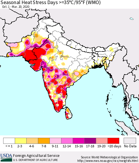 Southern Asia Seasonal Heat Stress Days >=35°C/95°F (WMO) Thematic Map For 10/1/2019 - 3/20/2020