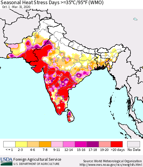 Southern Asia Seasonal Heat Stress Days >=35°C/95°F (WMO) Thematic Map For 10/1/2019 - 3/31/2020