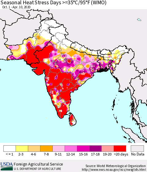 Southern Asia Seasonal Heat Stress Days >=35°C/95°F (WMO) Thematic Map For 10/1/2019 - 4/10/2020