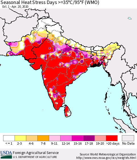 Southern Asia Seasonal Heat Stress Days >=35°C/95°F (WMO) Thematic Map For 10/1/2019 - 4/20/2020