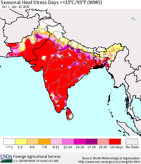 Southern Asia Seasonal Heat Stress Days >=35°C/95°F (WMO) Thematic Map For 10/1/2019 - 4/30/2020