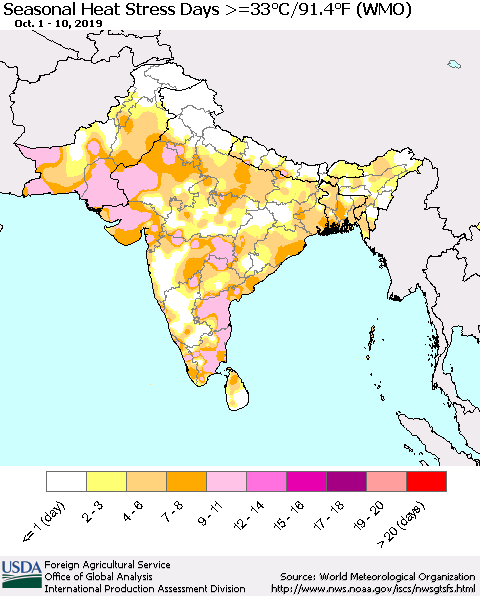 Southern Asia Seasonal Heat Stress Days >=35°C/95°F (WMO) Thematic Map For 10/1/2019 - 10/10/2019