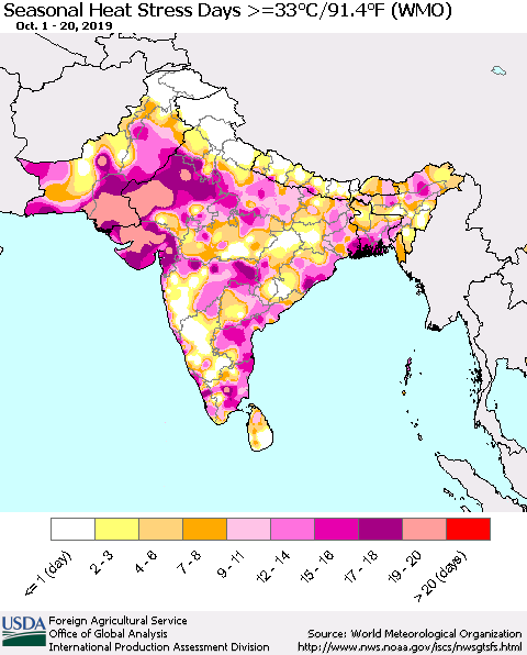 Southern Asia Seasonal Heat Stress Days >=35°C/95°F (WMO) Thematic Map For 10/1/2019 - 10/20/2019