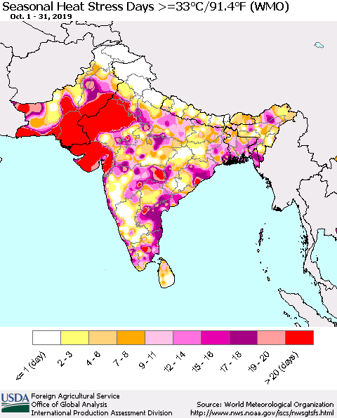 Southern Asia Seasonal Heat Stress Days >=35°C/95°F (WMO) Thematic Map For 10/1/2019 - 10/31/2019