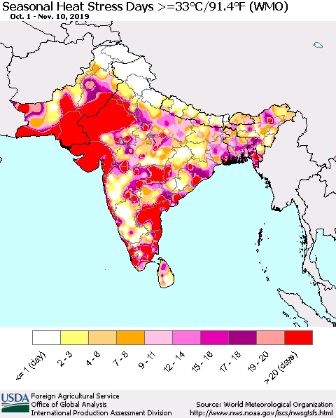 Southern Asia Seasonal Heat Stress Days >=35°C/95°F (WMO) Thematic Map For 10/1/2019 - 11/10/2019