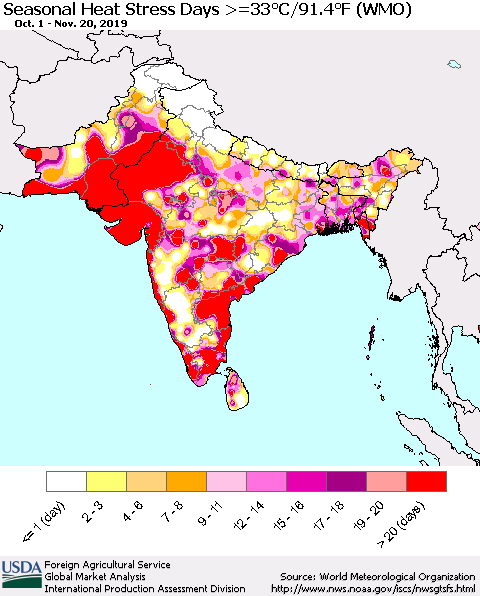 Southern Asia Seasonal Heat Stress Days >=35°C/95°F (WMO) Thematic Map For 10/1/2019 - 11/20/2019
