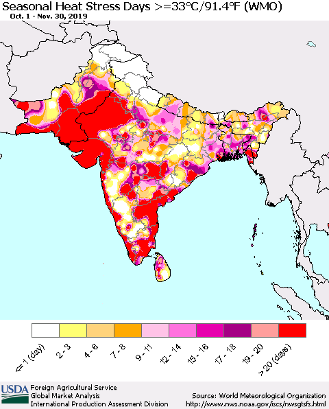 Southern Asia Seasonal Heat Stress Days >=35°C/95°F (WMO) Thematic Map For 10/1/2019 - 11/30/2019