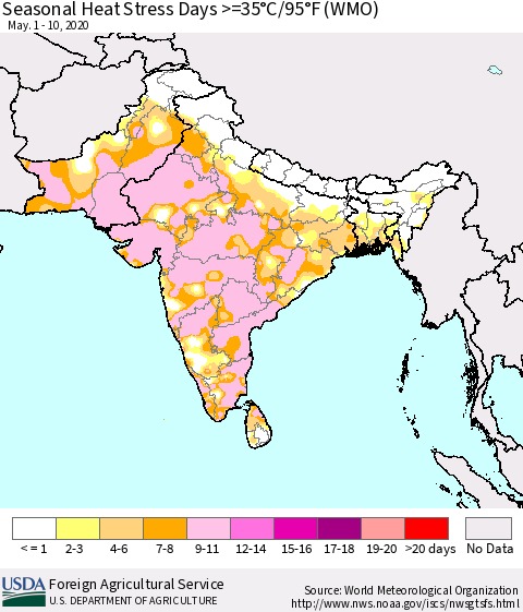 Southern Asia Seasonal Heat Stress Days >=35°C/95°F (WMO) Thematic Map For 5/1/2020 - 5/10/2020