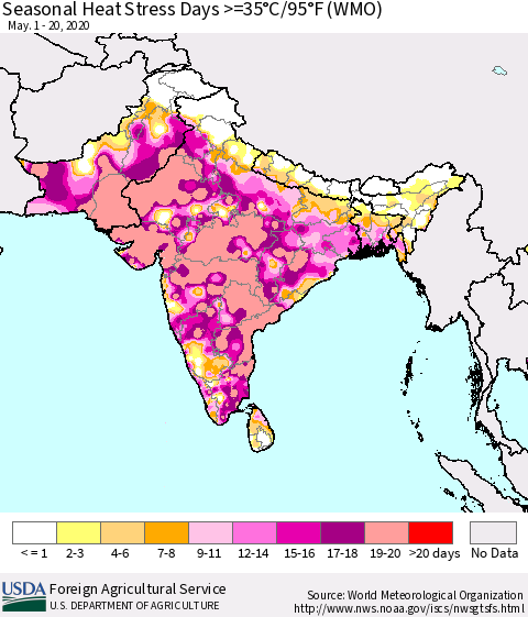 Southern Asia Seasonal Heat Stress Days >=35°C/95°F (WMO) Thematic Map For 5/1/2020 - 5/20/2020