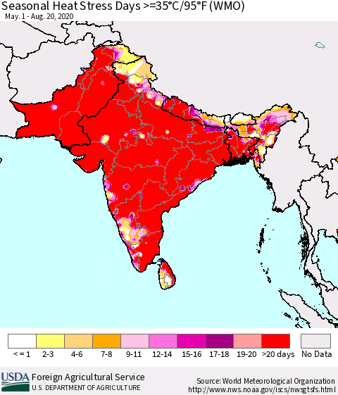 Southern Asia Seasonal Heat Stress Days >=35°C/95°F (WMO) Thematic Map For 5/1/2020 - 8/20/2020