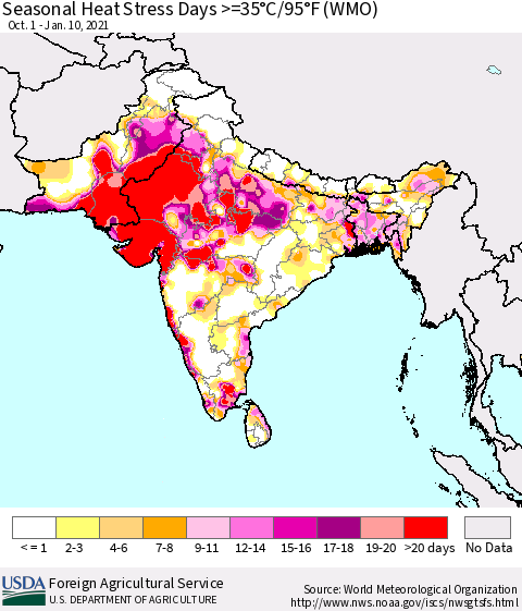 Southern Asia Seasonal Heat Stress Days >=35°C/95°F (WMO) Thematic Map For 10/1/2020 - 1/10/2021