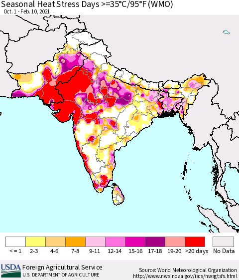Southern Asia Seasonal Heat Stress Days >=35°C/95°F (WMO) Thematic Map For 10/1/2020 - 2/10/2021