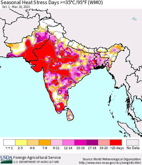 Southern Asia Seasonal Heat Stress Days >=35°C/95°F (WMO) Thematic Map For 10/1/2020 - 3/10/2021