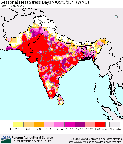 Southern Asia Seasonal Heat Stress Days >=35°C/95°F (WMO) Thematic Map For 10/1/2020 - 3/20/2021