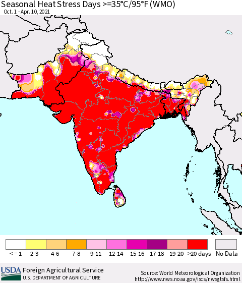 Southern Asia Seasonal Heat Stress Days >=35°C/95°F (WMO) Thematic Map For 10/1/2020 - 4/10/2021