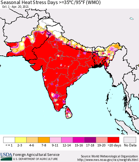 Southern Asia Seasonal Heat Stress Days >=35°C/95°F (WMO) Thematic Map For 10/1/2020 - 4/20/2021