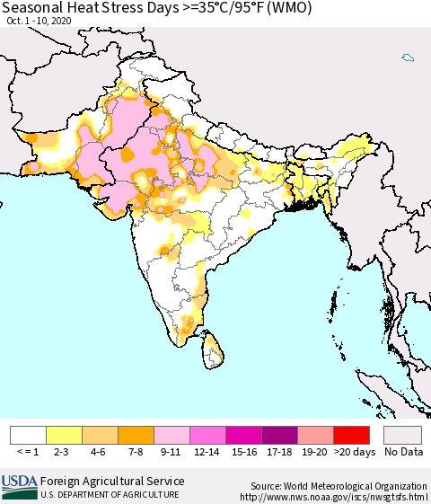 Southern Asia Seasonal Heat Stress Days >=35°C/95°F (WMO) Thematic Map For 10/1/2020 - 10/10/2020