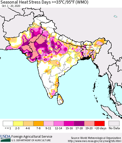 Southern Asia Seasonal Heat Stress Days >=35°C/95°F (WMO) Thematic Map For 10/1/2020 - 10/20/2020