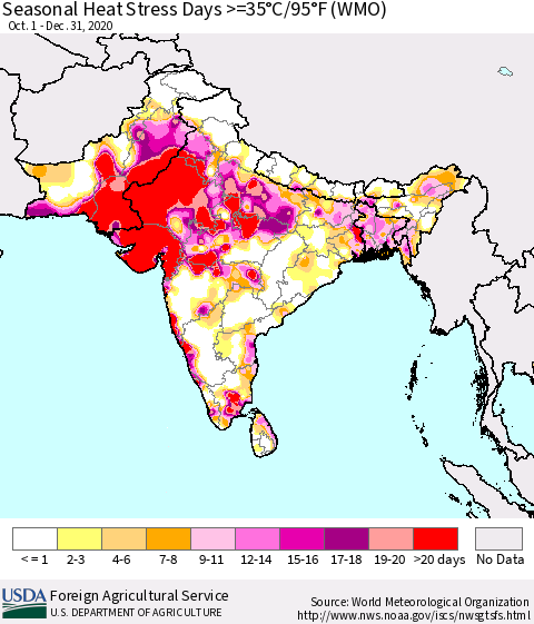 Southern Asia Seasonal Heat Stress Days >=35°C/95°F (WMO) Thematic Map For 10/1/2020 - 12/31/2020