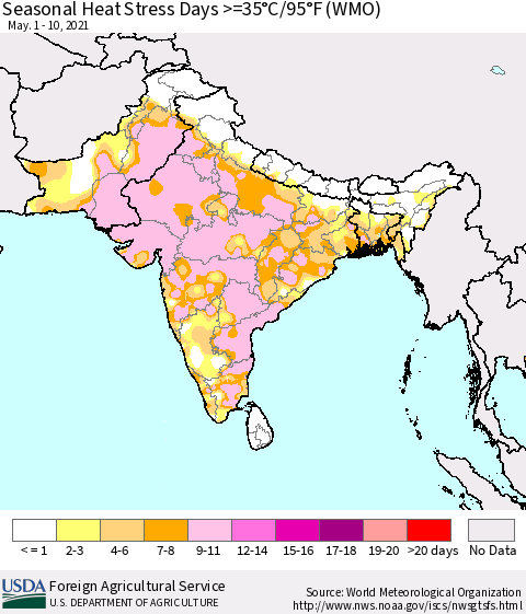 Southern Asia Seasonal Heat Stress Days >=35°C/95°F (WMO) Thematic Map For 5/1/2021 - 5/10/2021