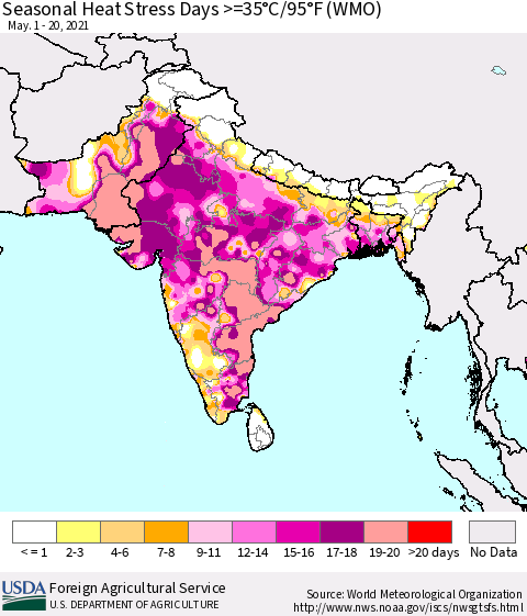 Southern Asia Seasonal Heat Stress Days >=35°C/95°F (WMO) Thematic Map For 5/1/2021 - 5/20/2021