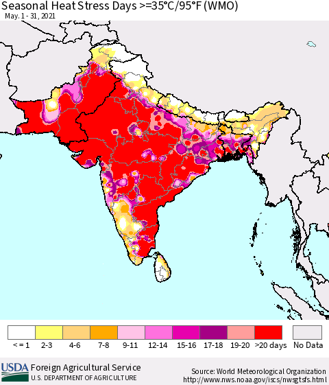 Southern Asia Seasonal Heat Stress Days >=35°C/95°F (WMO) Thematic Map For 5/1/2021 - 5/31/2021