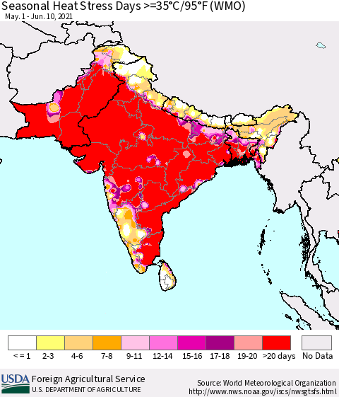 Southern Asia Seasonal Heat Stress Days >=35°C/95°F (WMO) Thematic Map For 5/1/2021 - 6/10/2021