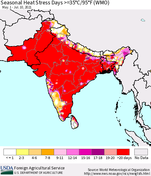 Southern Asia Seasonal Heat Stress Days >=35°C/95°F (WMO) Thematic Map For 5/1/2021 - 7/10/2021