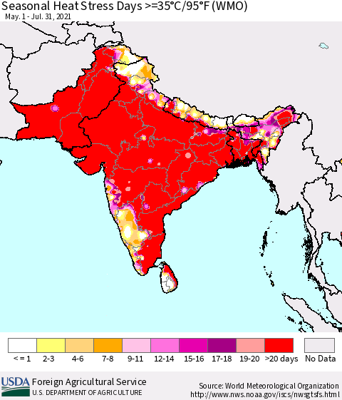 Southern Asia Seasonal Heat Stress Days >=35°C/95°F (WMO) Thematic Map For 5/1/2021 - 7/31/2021