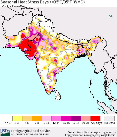 Southern Asia Seasonal Heat Stress Days >=35°C/95°F (WMO) Thematic Map For 10/1/2021 - 1/10/2022