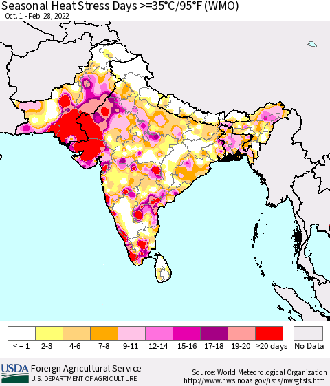 Southern Asia Seasonal Heat Stress Days >=35°C/95°F (WMO) Thematic Map For 10/1/2021 - 2/28/2022