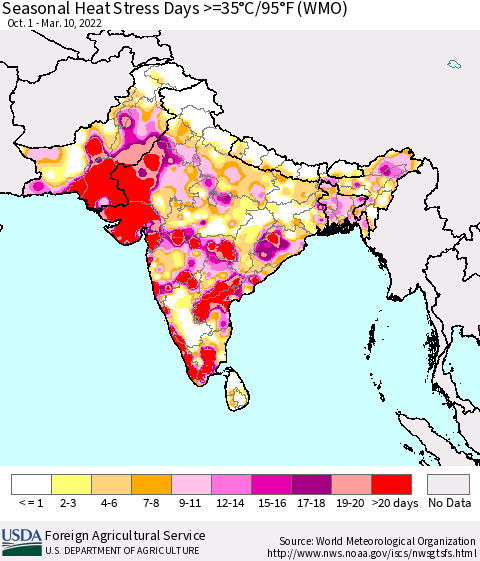 Southern Asia Seasonal Heat Stress Days >=35°C/95°F (WMO) Thematic Map For 10/1/2021 - 3/10/2022