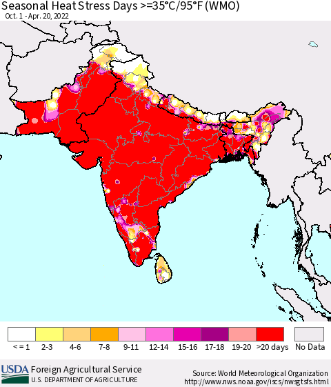 Southern Asia Seasonal Heat Stress Days >=35°C/95°F (WMO) Thematic Map For 10/1/2021 - 4/20/2022