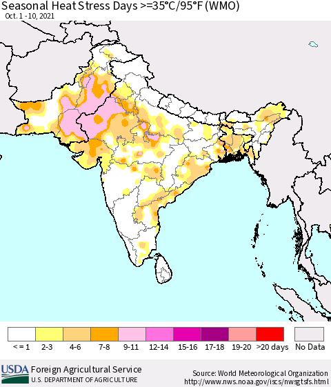 Southern Asia Seasonal Heat Stress Days >=35°C/95°F (WMO) Thematic Map For 10/1/2021 - 10/10/2021