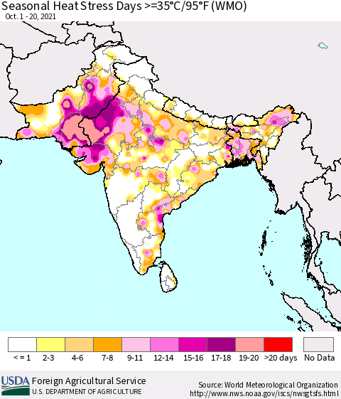 Southern Asia Seasonal Heat Stress Days >=35°C/95°F (WMO) Thematic Map For 10/1/2021 - 10/20/2021