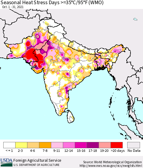 Southern Asia Seasonal Heat Stress Days >=35°C/95°F (WMO) Thematic Map For 10/1/2021 - 10/31/2021