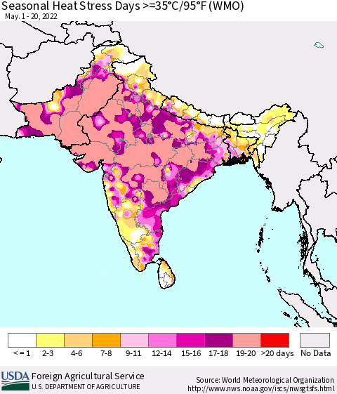 Southern Asia Seasonal Heat Stress Days >=35°C/95°F (WMO) Thematic Map For 5/1/2022 - 5/20/2022