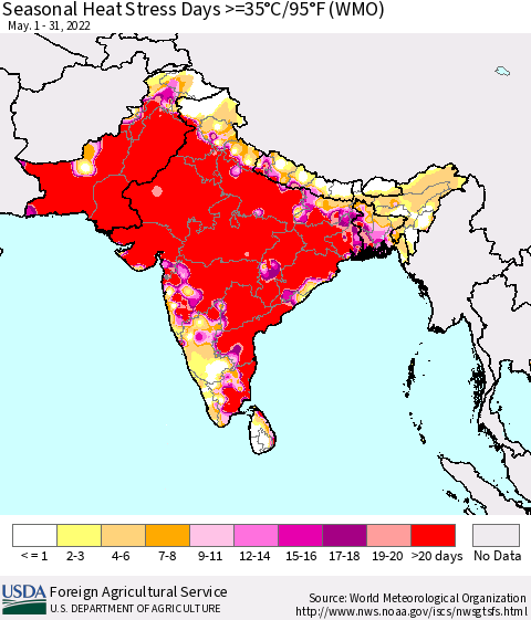 Southern Asia Seasonal Heat Stress Days >=35°C/95°F (WMO) Thematic Map For 5/1/2022 - 5/31/2022