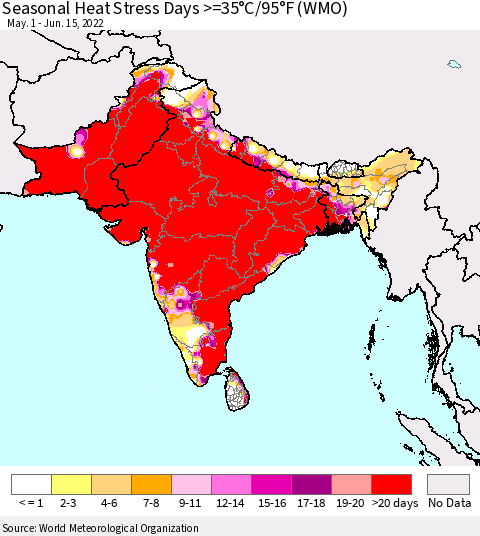 Southern Asia Seasonal Heat Stress Days >=35°C/95°F (WMO) Thematic Map For 5/1/2022 - 6/15/2022